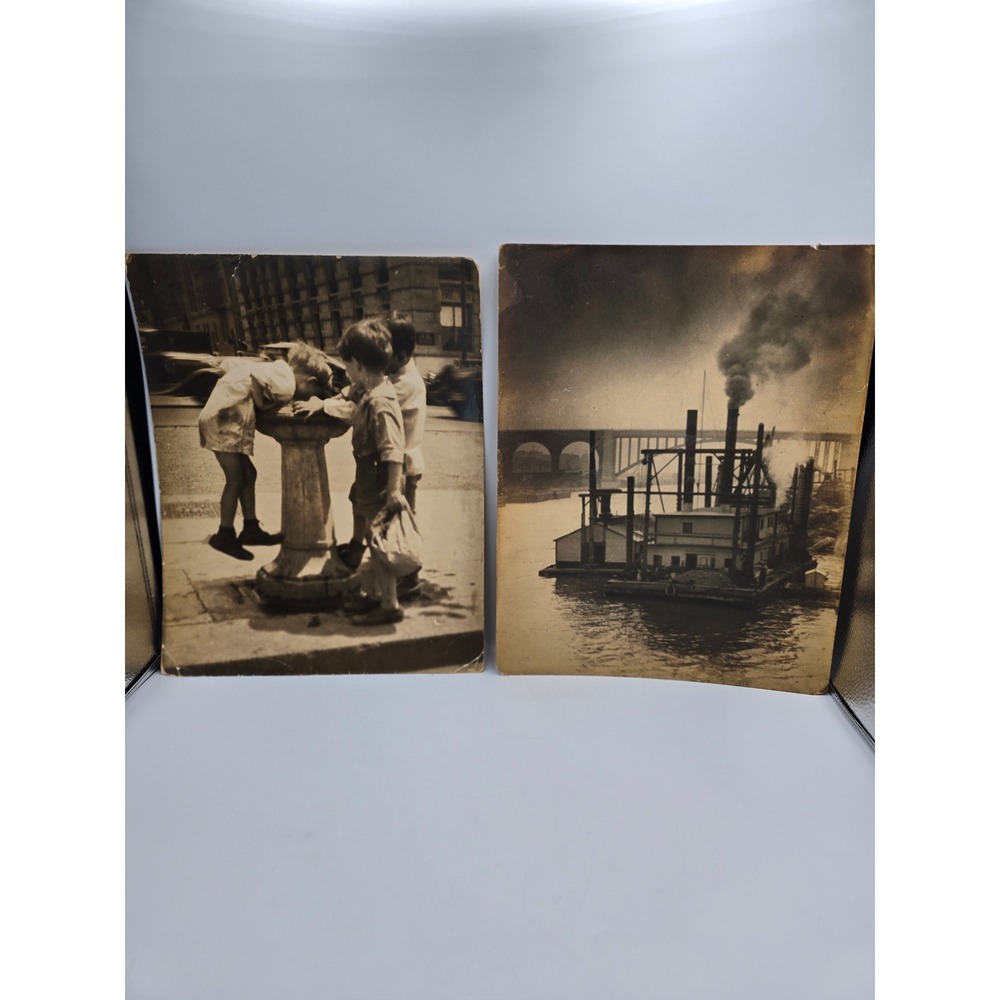 XL Vintage Photographs 2pc Set Sepia City Kids & Riverboat Good 10x12.5